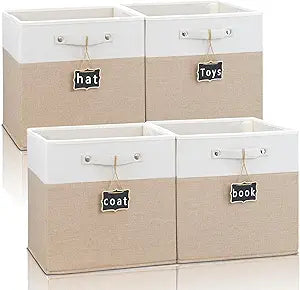 13x13x13 Inch Large Foldable Fabric Linen Cube Storage Bins4-pack, with Cotton Handles Closet Bins for Cabinet Shelves Home Organization and Storage bins(White&khaki)