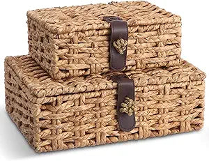 Set of 2 Decorative Box, Wicker Storage Basket with Lid, Water Hyacinth & Seagrass Woven Decorative Box for Shelf, Coffee Table & Home Organization