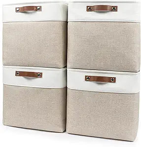 Bagnizer 13x13 Cube Storage Bins, Collapsible Fabric Storage Box, 4 Pack Closet Baskets with Handles for Organizing, Shelf, Toys, Clothes, Home, Office, Nursery (Beige&White)