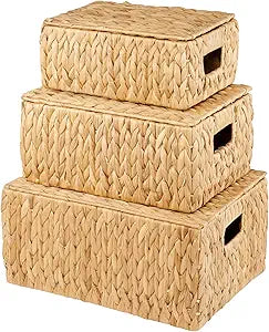 84ECO Set of 3 Wicker Baskets with Lid - Woven Storage Basket with Lid - Decorative Storage Boxes for Bathroom, Bedroom and Shelves
