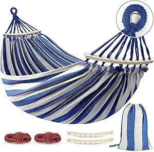 MOSFiATA Hammocks Portable Camping Hammock Upgraded 550lb Comfortable Fabric Hammock with Two Anti Roll Balance Beam and Sturdy Metal Knot Tree Straps for Camping, Patio, Backyard, Outdoor(Blue White)
