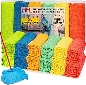 HELOMOR 12 Extra Large Microfiber Cleaning Cloths, 30"x18" Floor Towels for Squeegee Mop, Reusable Multi-Purpose Cleaning Rags for House, Kitchen, Car & Windows, Highly Absorbent, Lint-Free