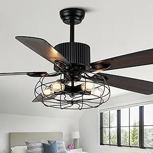 52 Inch Farmhouse Ceiling Fan with Lights and Remote, Black Industrial Caged Fandelier Ceiling Fan with 6 Speeds 5 Reversible Wooden Blades for Dining Room Living Room Bedroom