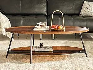 Shrine Glass Coffee Table, Black Walnut Table for Living Room, Glass and Wood Table, 43.3" D x 21.6" W x 15.7" H, Brown Glass Base, Walnut Wood Top&Black Metal Frame