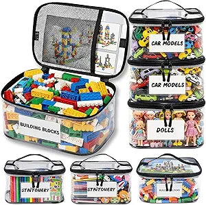 6 Pack Extra Large Clear Toy Storage Bags with Tag & Pocket  Versatile Waterproof Organizer Bags for Lego Bricks, Board Games, Building Blocks, Puzzles, Dolls, Books (Black-XL-Size-6 Pack)