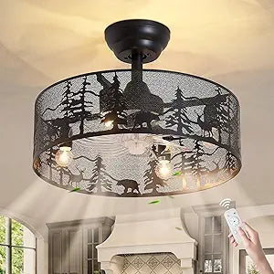 18 Inch Rustic Ceiling Fan with Light and Remote, Black Round Farmhouse Caged Ceiling Fan, Quiet Reversible Motor, Vintage Metal Bear and Deer Fandelier, Design for Bedroom Living Room