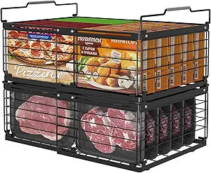 ADRIMER Freezer Organizer Bins, 2 Packs Foldable & Stackable Chest Freezer Organizer Bins with Adjustable Length 11-17.3", Metal Wire Storage Baskets for Upright Freezer, Deep Freezer, Pantry, Black