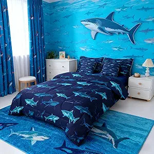 Erosebridal Boys Navy Blue Twin Bed in A Bag 7 Piece Ocean Deep Shark Comforter Set with Sheets for Kids Teen Men Deep Sea Animal Bedding Marine Life Bed Set Sharks Theme Bedroom Decor