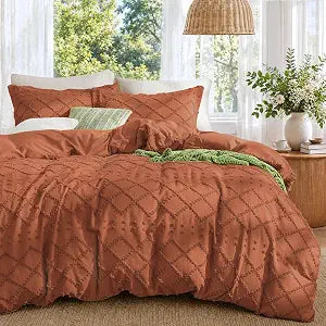 Boho Duvet Cover Set King Size, Tufted Embroidery Bedding, 3 PCS, Orange