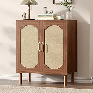 29 inch Rattan Sideboard Buffet Cabinet, Boho Credenza with 2 Doors and Adjustable Shelf, Small Coffee Bar Storage for Kitchen, Entryway