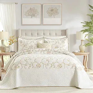 100% Cotton Oversized Bedspread Quilt Coverlet Set, 128"x120" Extra Large Cal King Bedspreads with Pillow Shams, Lightweight Embroidered Bedding Cover 3 Piece, Beige/White
