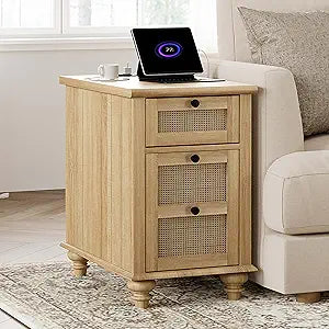 WAMPAT Farmhouse End Table with Charging Station, Rattan Side Table with Drawer & Storage Cabinet, Wooden Oak Nightstand with Power Outlets & USB Ports for Living Room, Bedroom, Burlywood
