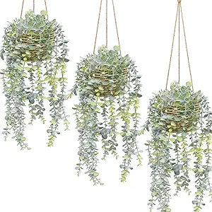 3 Pack Artificial Hanging Eucalyptus Plants with Woven Baskets, Fake Greenery Faux Plants in Seagrass, Hanging Planters for Wall, Boho Home Decor for Bathroom, Bedroom, Kitchen, Farmhouse