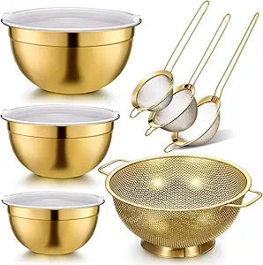 Baderke 7 Pcs Gold Kitchen Accessories Includes Stainless Steel Colander with Handles, 3 Gold Mixing Bowls with Airtight Lids and 3 Fine Mesh Strainer (Colander: 4 Qt, Mixing Bowls: 1/1.5/2 Qt)