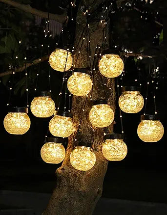 PARTPHONER Solar Lights Outdoor Waterproof 12-Pack, Solar Powered Hanging Lantern Cracked Glass Hanging Globes for Yard Decor Christmas Decoration, Shepherd Hook, Garden Tree Ornaments, Warm White