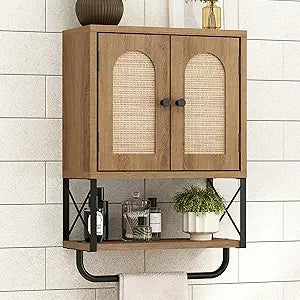 RUSTOWN Rattan Bathroom Wall Cabinet, Boho Over The Toilet Storage Cabinet with Arched Rattan Doors, Modern Medicine Cabinet with Adjustable Shelves & Towel Bar, Bathroom Organizer(Rustic Oak, Small)