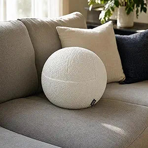 Orb Boucl Sphere Pillow, 12 Inch Ergonomic Back & Arm Support, 600 GSM Textured Dcor Throw Pillow with Hidden Pocket, White
