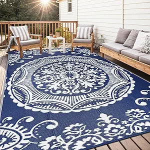 Capslpad Outdoor Rug 8x10 Patio Waterproof Boho Floral Plastic Straw Rug Large Foldable Vintage Outside Carpet with Carry Bag for RV Backyard Balcony Bench Picnic Porch, Blue