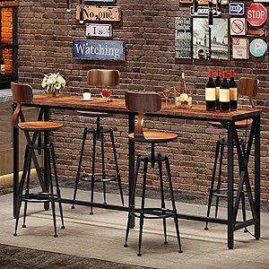 CHOEZON 63'' Bar Table, Kitchen Dining Table with Power Outlet and Footrest, Industrial Style, for Pub, Living Room, Rustic Brown and Black TBT07UBF