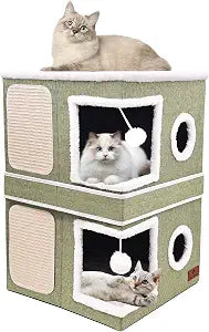 2-Story Cat House for Indoor Cats, Dual-Purpose Cave Bed with Scratch Pad and Fluffy Ball, Foldable Cat Hideaway, Cute Condo Furniture for Multi Small Pet Kitten, Green