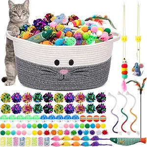 Leitee 15.2" X 10" X 8" 100 Pcs Cat Bed Storage Basket Gift Cat Variety Toys Set Cotton Rope Basket, Fish Mice Pet Bell Colorful Crinkle Balls Spring Toy for Kitten Swat Interactive (Basic,Grey,White)