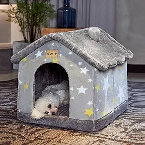 JIUPETY Cute Small Dog House Indoor, Foldable House Kennel Bed Mat with Cushion, L Size Dog Tent for 11-16 lb Dogs and 18-22 lb Cats, Dog Cave Bed with Non-Slip Bottom, Grey