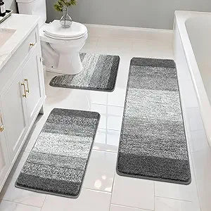 Pauwer Bathroom Rugs Set 3 Piece Non Slip Washable, Microfiber Absorbent Bath Mat Floor Carpet Extra Soft, Quick Dry Shower Rug U-Shaped Contour Toilet Mats, Grey