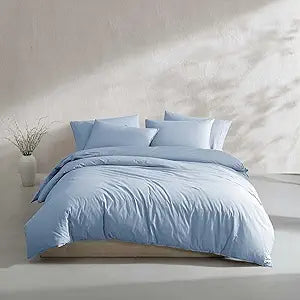 Calvin Klein - Queen Duvet Cover Set, Relaxed Garment Washed Cotton Percale Bedding with Shams, Button & Corner Tie Closure, Oeko-Tex Certified (Modern Cotton Washed Percale Blue)