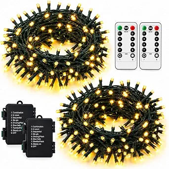String Lights Battery Operated, 2 Pack Each 33ft 100 LED Warm White Classroom Lights Outdoor Waterproof, 8 Modes Green Wire Christmas Fairy Light Indoor with Remote