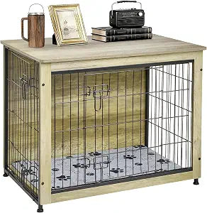 SHAWKEN Wooden & Metal Medium Dog Crate Furniture Indoor with Soft Cushion, Double-Door Dog House, 31.5" L Dog Kennel (Oak Grey, Medium)