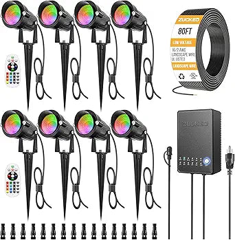 ZUCKEO All-in-One RGBW Landscape Lighting Kit, 5W Color Changing Low Voltage Landscape Lights with Transformer and 80FT Wire, LED Multi-Color Landscape Spotlights for Holiday Yard Garden House, 8Pack