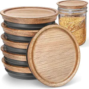 6-Pack Wide Mouth Wooden Mason Jar Lids for Ball/Mason Jars, Reusable Acacia Wood Mason Jar Lids with Airtight Silicone Seal Perfect for Dry Food Storage (Brown)