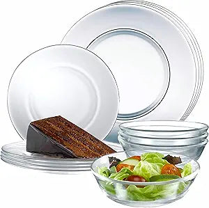 12pc Glass Dinnerware Set - Sleek Round Clear Glass Plate and Bowl Sets - Dishwasher Safe, Bread & Butter Dinner, Dessert, Salad Plates & Serving Cereal Soup Bowls Dishes for Kitchen Dining & Parties