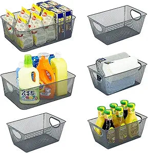 Neudeco Wire Storage Baskets - 6 Pack Metal Mesh Organizers for Kitchen, Laundry, Garage, Fridge & Bathroom - Gray