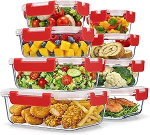 Emporio Kitchen Borosilicate Glass Food Storage Containers with Lids 16 Pieces, BPA-Free Stackable Lunch & Leftover Containers, Microwave, Freezer & Dishwasher Safe, 100% Airtight Leak-Proof, Red