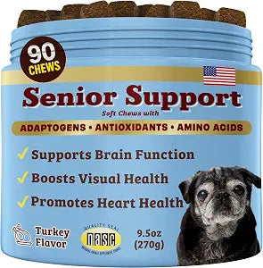 Natural Dog Company Senior Dog Vitamins Chew for Brain, Heart & Eye Health - Cognitive Support, Vision Clarity & Cardiovascular Function with Omega-3s, Lions Mane Senior Dog Supplements, 90 cnt