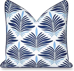 Hofdeco Premium Coastal Hampton Patio Indoor Outdoor Throw Pillow Cover Only, 20"x20" Water Repellent for Backyard, Couch, Poolside, Navy Blue Print Abstract Plam Leaves