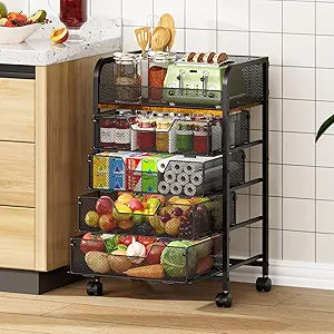 5-Tier Rolling Kitchen Cart with Drawers - Kitchen Storage Cart on Wheels,Pantry Snack Cart,Fruit and Vegetable Storage Cart with Wood Top,Rolling Utility Cart for Potato and Onion Storage