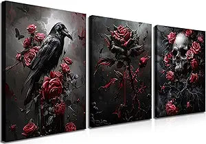 Gothic Canvas Wall Art Set of 3, Romantic Rose Halloween Wall Decor Paintings, Dark Goth Crow Skull Posters Prints for Bathroom Living Room Gallery Home Decor 16x24In Framed