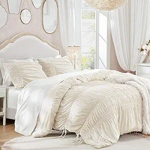 Intelligent Design Ruched Shabby Chic Comforters for Queen Size Bed, All Season Lightweight Comforter Queen, French Country Bedding Set, Sham, Ella, Full/Queen, Ivory, 3 Piece