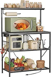 Huuger 4-Tier Bakers Rack with Reversible Power Outlet, 31.5 Inch Microwave Stand, Kitchen Coffee Bar, with Top Shelf, 6 S Hooks, Grey