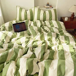 LifeTB Sage Green and White Striped Duvet Cover Set Twin, 100% Washed Microfiber Soft Breathable Striped Bedding Set, 3 Pieces Retro Stripes Pattern Printed Comforter Cover with 2 Pillowcases