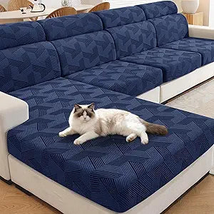 JIVINER Stretch Couch Cushion Covers, Geometrical Cushion Slipcover for Chair Loveseat Sofa Seat Cushion Furniture Protector with Elastic Bottom & Non-Slip Strap (3 Pieces Seat Covers, Navy Blue)