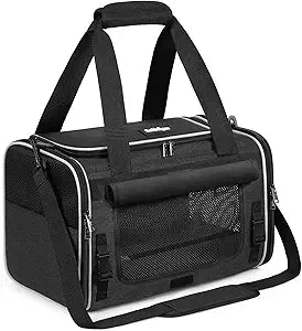 rabbitgoo Cat Carrier Soft, Pet Bag with Rollable Flap for Anxious Kittens, Travel Safe for Car Airline, Collapsible Portable Carrying for Small to Medium Cats, Black, 17" L x 11" W x 11" H