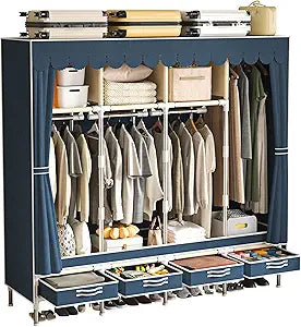 Portable Wardrobe with 4 Drawers and 3 Shelves, 67 Inch Large Capacity Freestanding Wardrobe Hanging Organizer with Lid for Bedroom, Blue