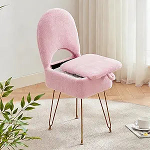Gitrah Pink Vanity Chair with Storage, Folding Back Faux Fur Vanity Stool, Makeup Ottoman with Gold Legs for Bedroom/Bathroom