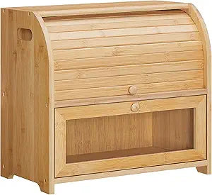 HOOBRO Bread Box, Bamboo Bread Box for Kitchen Countertop, 2 Tier Roll-Top Bread Bin, Food Storage Box, Large Capacity Keeper, Wooden Storage Cabinet, for Kitchen, Dining Room, Natural YL13MB01