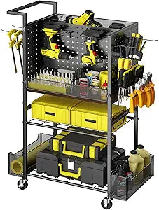 Tool Cart on Wheels, 4-Tier Metal Rolling Utility Cart with Pegboard & Storage Baskets, 242.5 lbs Heavy Duty Tool Storage Organizer for Garage, Workshop and DIY Projects