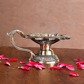 Hastha Kalalu Ornate Brass Diya Lamp with Handle (6.5 Inch) - Handcrafted Traditional Indian Oil Lamp for Puja, Festivals & Home Decor, Medium, Gold