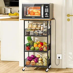 ThreeHio Rolling Kitchen Microwave Cart with Fruit Baskets, 4 Tier Microwave Table Stand with Storage, Kitchen Storge Shelf on Wheels Small Rolling Cart Organizer Rack for Pantry, Living Room
